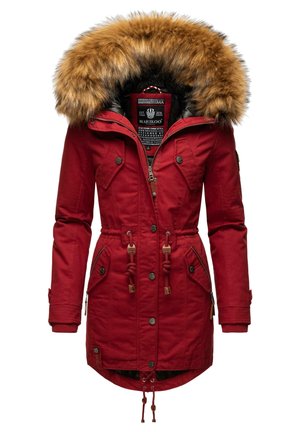 Red parka jacket with a fur-lined hood, featuring a front zipper, drawstring waist, and multiple front pockets with button closures.