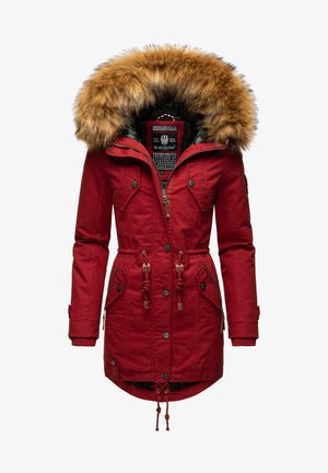 Röd parka-jacka med en pälsfodrad huva, med framzipper, dragsko i midjan och flera framfickor med knäppning.