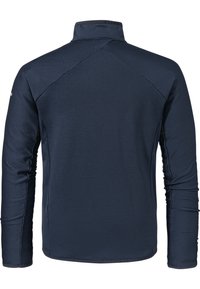 Marineblaue Langarmbluse mit hohem Kragen, ausgestattet mit einem strukturierten Muster und glattem Stoff. Die Rückansicht zeigt die Nahtdetails und eine taillierte Passform.