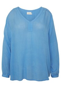 Lichtblauwe blouse met lange mouwen en V-hals, kleine stofdetail onder de halslijn, losse pasvorm en subtiele textuur.