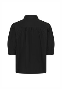 Black short-sleeve blouse with a folded collar and gathered fabric detail across the upper back.