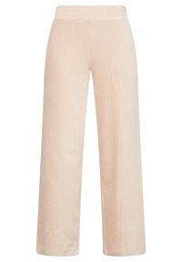 Pantalon large en velours côtelé beige avec une texture côtelée et une taille élastique, présentant une coupe droite sans quincaillerie ou accents visibles.