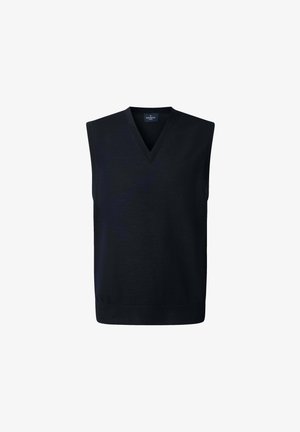 Maglione senza maniche nero con scollatura a V, realizzato in materiale morbido; presenta un orlo dritto e nessun hardware o motivo visibile.