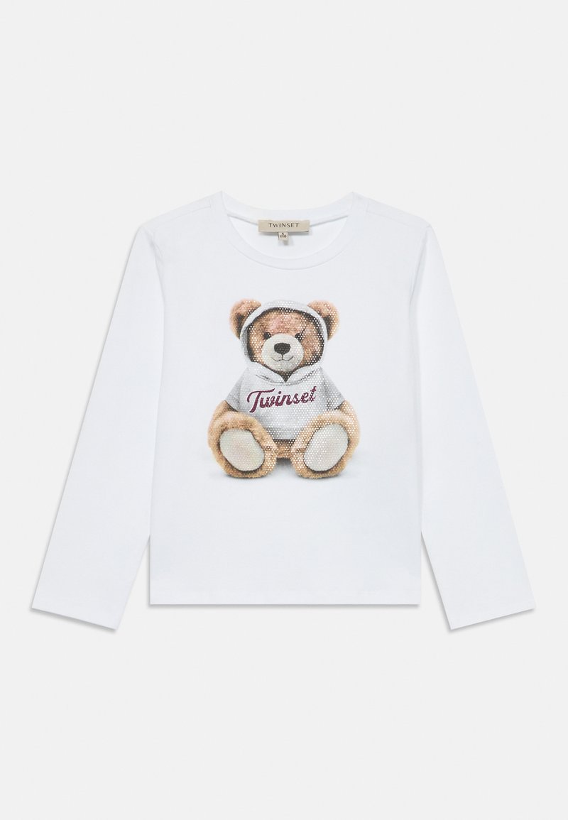 Fehér hosszú ujjú ing, melyen egy kapucnis teddy mackó grafika található, rajta a "Twinset" felirattal. Puha pamut anyag, sima tapintással.