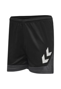 Zwarte sportshorts met elastische tailleband, grijze rand aan de zoom en twee witte chevronlogo's op het rechterbeen.