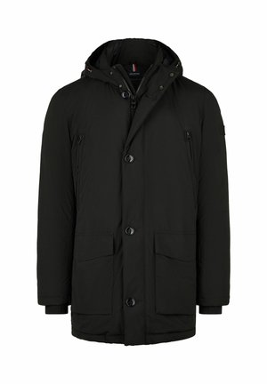 Schwarze gepolsterte Winterparka mit Kapuze, Knopf- und Reißverschluss, zwei großen Fronttaschen und Reißverschlusstaschen auf der Brust.