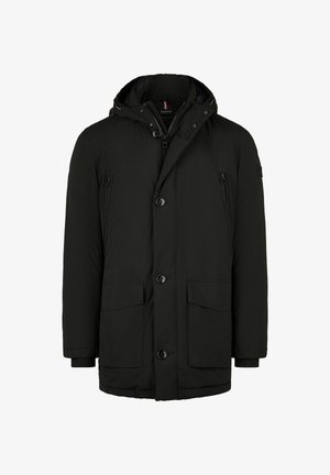 Schwarze gepolsterte Winterparka mit Kapuze, Knopf- und Reißverschluss, zwei großen Fronttaschen und Reißverschlusstaschen auf der Brust.