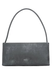 Grijze rechthoekige handtas met een gladde, matte textuur en een enkele schouderband. Heeft een in het leer geperst logo aan de voorkant.