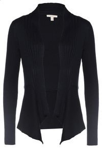 Cardigan noir en maille côtelée, ouvert sur le devant, avec manches longues et ourlet asymétrique légèrement évasé.