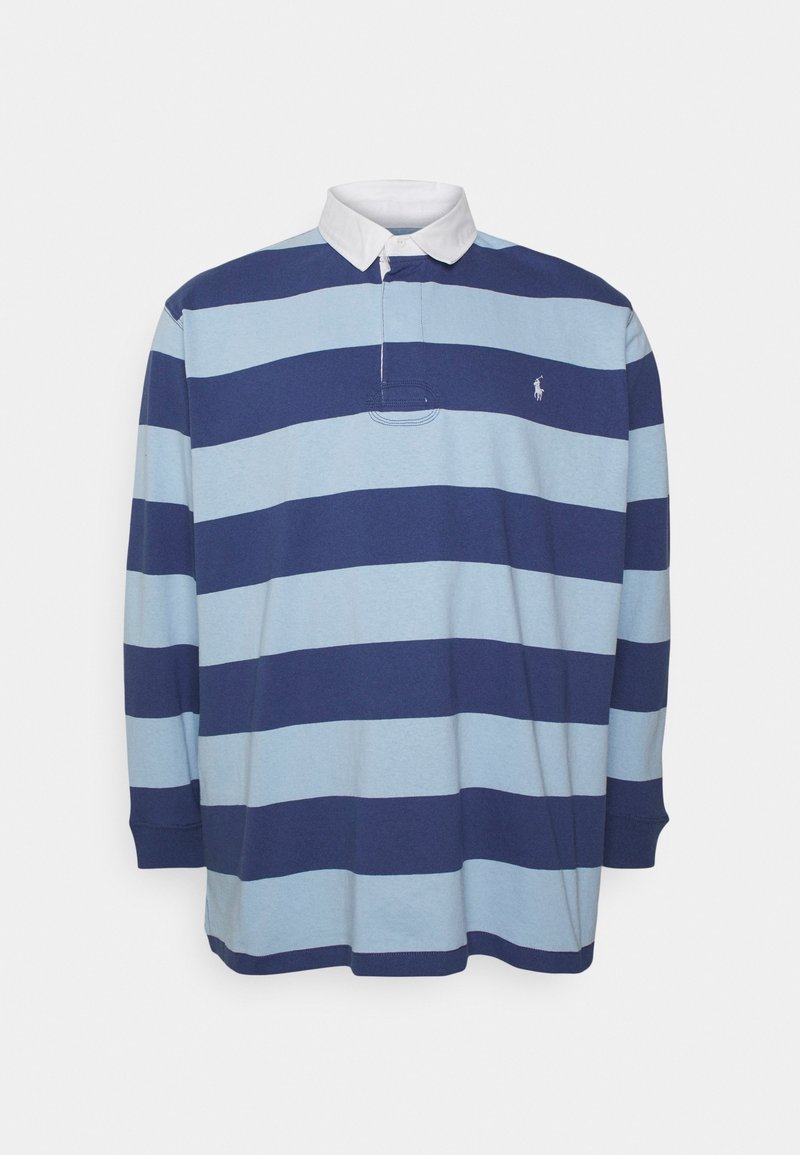 Långärmad polo-tröja i växlande ljusblå och marinblå ränder. Har en vit krage och en liten broderad logotyp på bröstet.