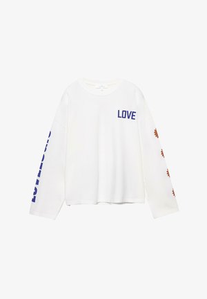 Biele tričko s dlhým rukávom s modrým nápisom "LOVE" na prednej strane a hnedými kvetinovými vzormi pozdĺž rukávov. Mäkká bavlnená látka.