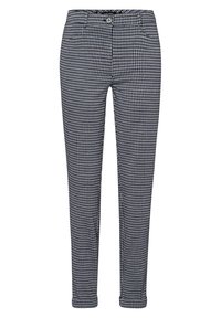 Spodnie w wzór houndstooth w czerni i bieli, z zapięciem na guzik, bocznymi kieszeniami oraz dopasowanym, zwężanym krojem.