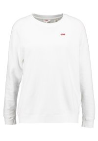 Sudadera blanca de manga larga, con cuello redondo y un pequeño logo rojo de Levi's en el pecho. La tela tiene una textura suave.