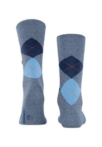 Calze con motivo argyle blu caratterizzate da tonalità di blu e navy con dettagli arancioni. Realizzate in tessuto morbido, offrono una vestibilità comoda.
