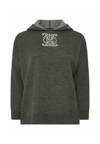 Grön stickad tröja med huva, med en texturerad överdrag och vit broderad monogram i mitten. Loose fit, långa ärmar.