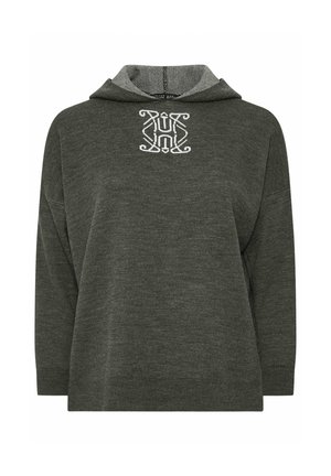 Maglione verde lavorato a maglia con cappuccio, caratterizzato da una sovrapposizione testurizzata e un monogramma ricamato bianco al centro. Vestibilità ampia, maniche lunghe.