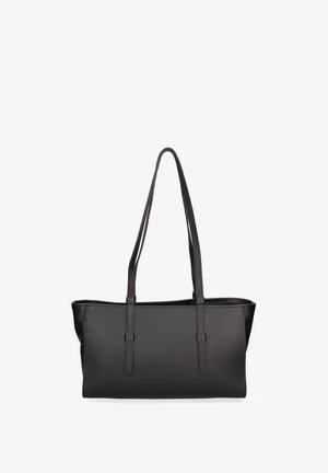 Sac à main rectangulaire noir en cuir avec deux longues anses pour l'épaule et une surface texturée, présenté sur un fond blanc.
