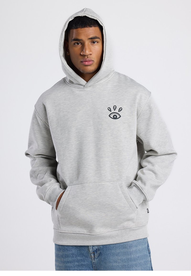Gray fleece hoodie with a kangaroo pocket, featuring a black eye graphic on the chest and drawstring hood. Soft texture and relaxed fit.