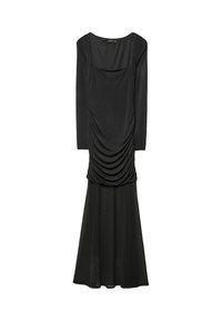 Schwarzes langärmliges Kleid mit U-Ausschnitt und gerafftem Oberteil. Fließender Rock mit weicher Textur, der einen voluminösen Saum hat.