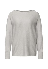 Maglione lungo maniche argento con scollo ampio, caratterizzato da una consistenza morbida e lucente. Le maniche a costine completano il design informale.
