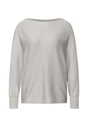 Maglione lungo maniche argento con scollo ampio, caratterizzato da una consistenza morbida e lucente. Le maniche a costine completano il design informale.