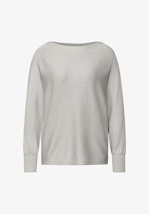 Harmaa pitkähihaisen neulepaita, jossa on leveä kaula-aukko ja pehmeä, kiiltävä pinta. Ribbaatut hihansuut kruunaavat rennon ilmeen.