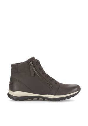 Dark brown leather ankle boot with side zipper, laces, cushioned collar, and a white and black rubber sole.