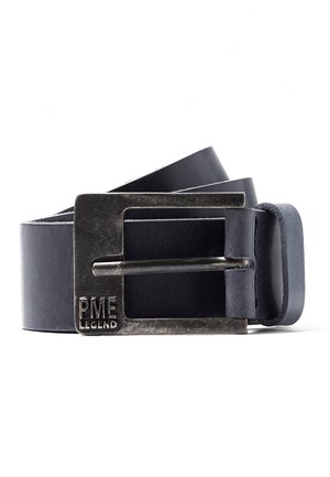 Black leather belt with a large, weathered rectangular metal buckle engraved with "PME Legend" on the bottom left corner.