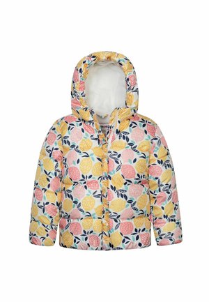 Giacca imbottita con cappuccio per bambini, con sfondo bianco e motivo colorato di limoni e foglie in giallo, rosa e blu navy.