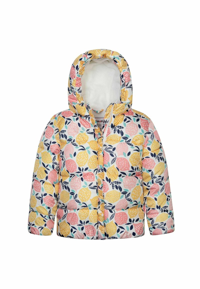 Veste rembourrée à capuche pour enfant avec un fond blanc et un motif coloré de citrons et de feuilles en jaune, rose et bleu marine.
