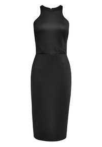 Robe noire ajustée avec un col haut, sans manches, plis subtils à la taille et une silhouette mi-longue. Finition en tissu lisse.