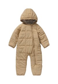 Beige gewatteerde sneeuwoverall met een capuchon, voorzien van een geborduurd patroon, lange mouwen, een rits aan de voorkant en elastische cuffs. Zachte binnenvoering.