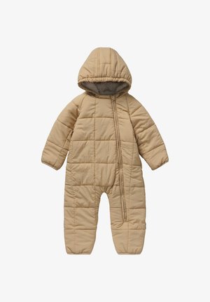 Combinaison de neige rembourrée beige avec une capuche, présentant un motif matelassé, des manches longues, une fermeture à glissière à l'avant et des poignets élastiques. Doublure intérieure douce.