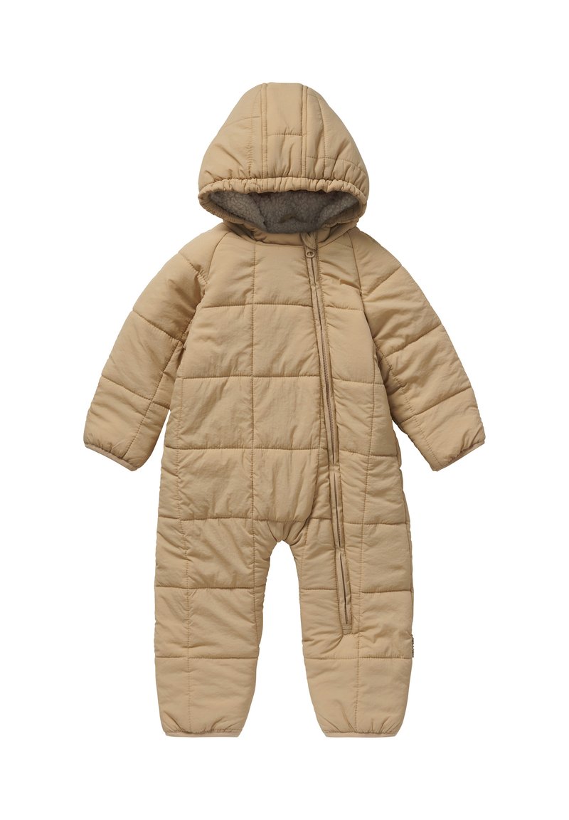 Beige gewatteerde sneeuwoverall met een capuchon, voorzien van een geborduurd patroon, lange mouwen, een rits aan de voorkant en elastische cuffs. Zachte binnenvoering.