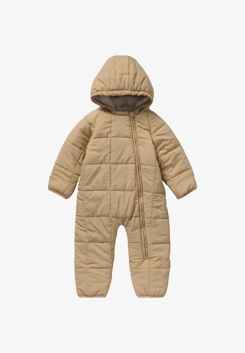 Beige gewatteerde sneeuwoverall met een capuchon, voorzien van een geborduurd patroon, lange mouwen, een rits aan de voorkant en elastische cuffs. Zachte binnenvoering.