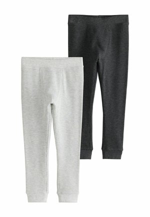 Due paia di leggings a maglia coste, uno grigio chiaro e uno grigio scuro, entrambi con cintura elastica e polsini alle caviglie.