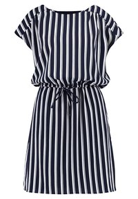 Vestido a rayas en azul marino y blanco, con un corte relajado, mangas cortas y un cordón ajustable en la cintura. Textura de tela suave.