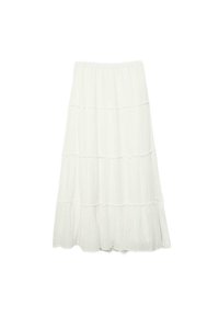 Jupe longue blanche à volants avec taille élastique et tissu fluide texturé.
