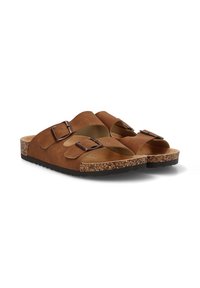 Sandalias de ante marrón con dos correas ajustables de hebilla y plantilla de corcho, posicionadas una al lado de la otra sobre fondo blanco.