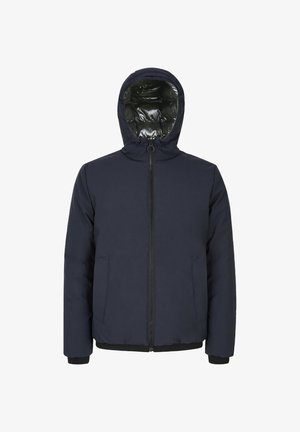 Giacca imbottita blu navy con cappuccio, con zip frontale, tasche laterali e polsini a coste. Interno foderato con materiale lucido.