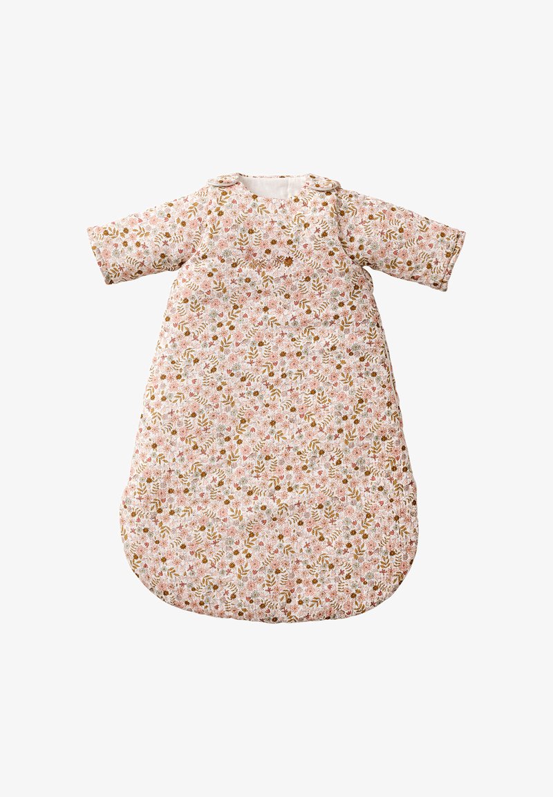 Blumenschlafsack in zartem Rosa, aus weichem Baumwollmaterial gefertigt, mit langen Ärmeln, abgerundetem Boden und floralem Muster mit grünen und braunen Blättern.