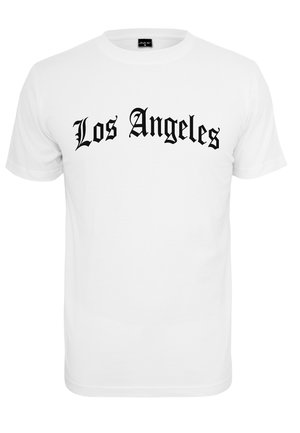 Vit kortärmad t-shirt med "Los Angeles" i fet svart gotisk stil tvärs över framsidan. Tillverkad av bomull med en jämn yta.