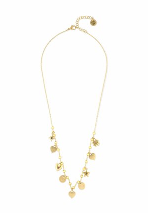 Nežen zlat verižni nakit z obeski, vključno s srcem, zvezdami, deteljico in diski, nekateri okrašeni z majhnimi dragimi kamni.