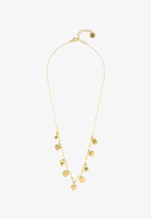 Collier délicat en chaîne d'or avec des breloques comprenant des cœurs, des étoiles, des trèfles et des disques, certains ornés de petites pierres précieuses.