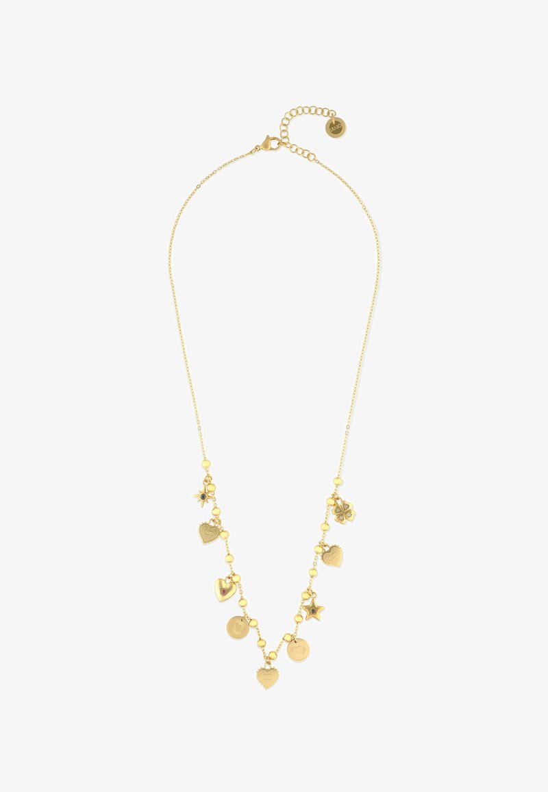 Collier délicat en chaîne d'or avec des breloques comprenant des cœurs, des étoiles, des trèfles et des disques, certains ornés de petites pierres précieuses.