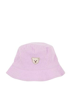 Lila Bucket-Hut aus strukturiertem Stoff mit einer Bärenkopf-Stickerei auf der Vorderseite und breiter, legerer Krempe.