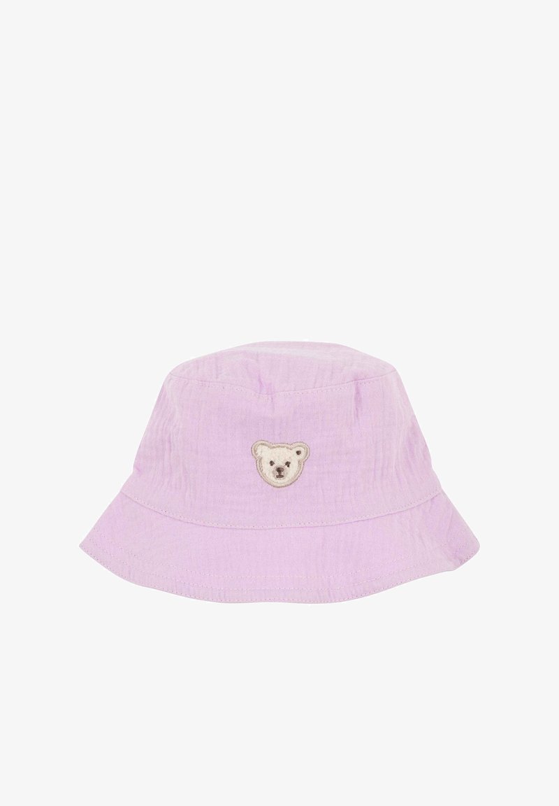 Fioletowy kapelusz typu bucket z teksturowanego materiału, z haftem przedstawiającym twarz misia z przodu i szerokim, luźnym rondem.