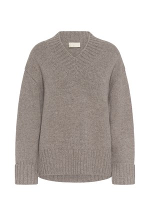 V-neck sweater in light gray knit, featuring wide ribbed cuffs and hem, loose fit, and soft texture.