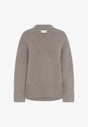 V-neck sweater in light gray knit, featuring wide ribbed cuffs and hem, loose fit, and soft texture.