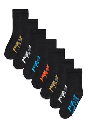 Chaussettes noires avec des accents à motifs en jaune, gris, bleu, orange et rouge sur les côtés. Fabriquées à partir d'un doux mélange de coton pour le confort.